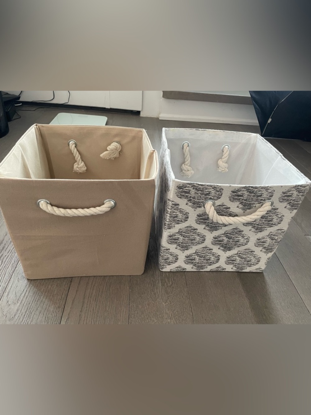 Set of 2 Foldable Fabric Storage Bins in Beige and Patterned Gray